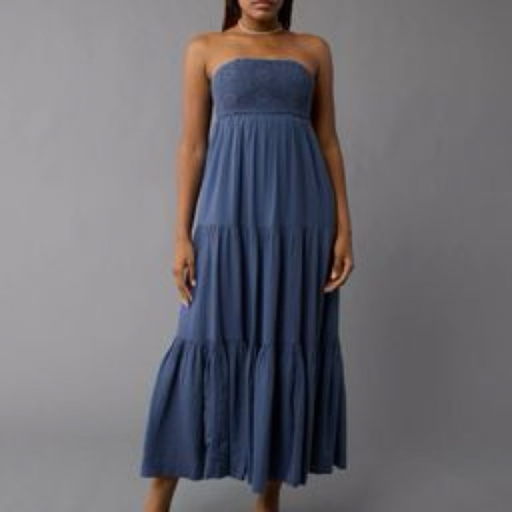 American Eagle Babydoll Blue Tiered Maxi Dress, removable straps, Small, NWOT